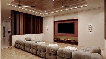 A living room with a tv and a bunch of chairs